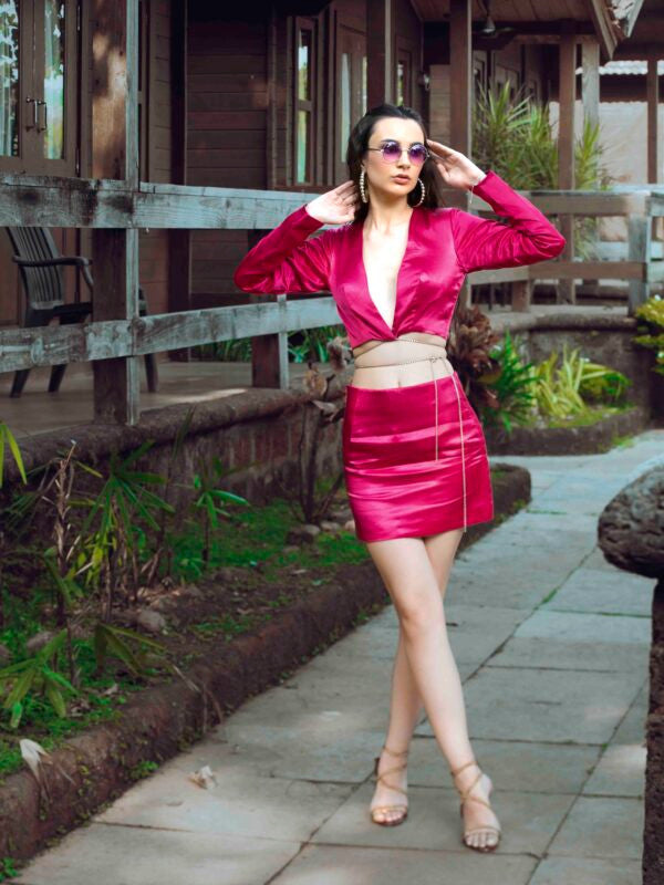 Full-Sleeve Crop Top with Silver Waist Chain and Mini Skirt Co-ord