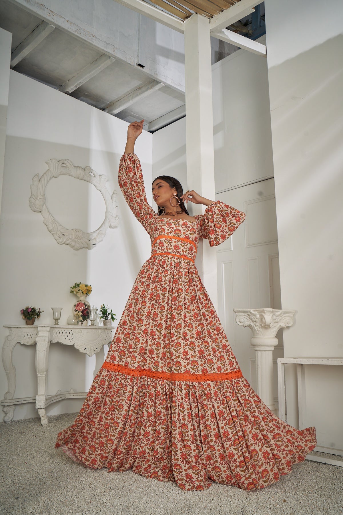 Inayat – Balloon-Sleeve Floral Long Dress with Contrast Lace