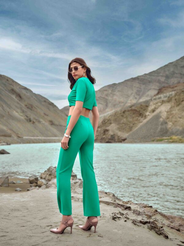 Knitted Co-ord: Half-Sleeve Crop Top and Flared Slit Pant