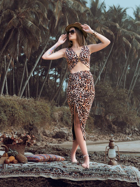 Ring-Detail V-Neck Top and Ruched Skirt Resort Co-ord – Cheetah Print