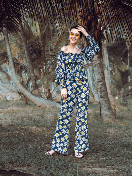 Off-Shoulder Top and Wide-Leg Trouser Resort Co-ord – Sunflower Print