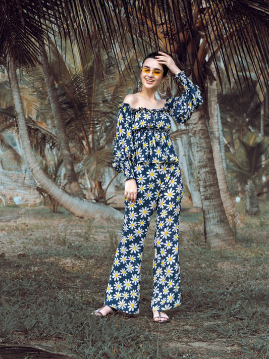 Off-Shoulder Top and Wide-Leg Trouser Resort Co-ord – Sunflower Print