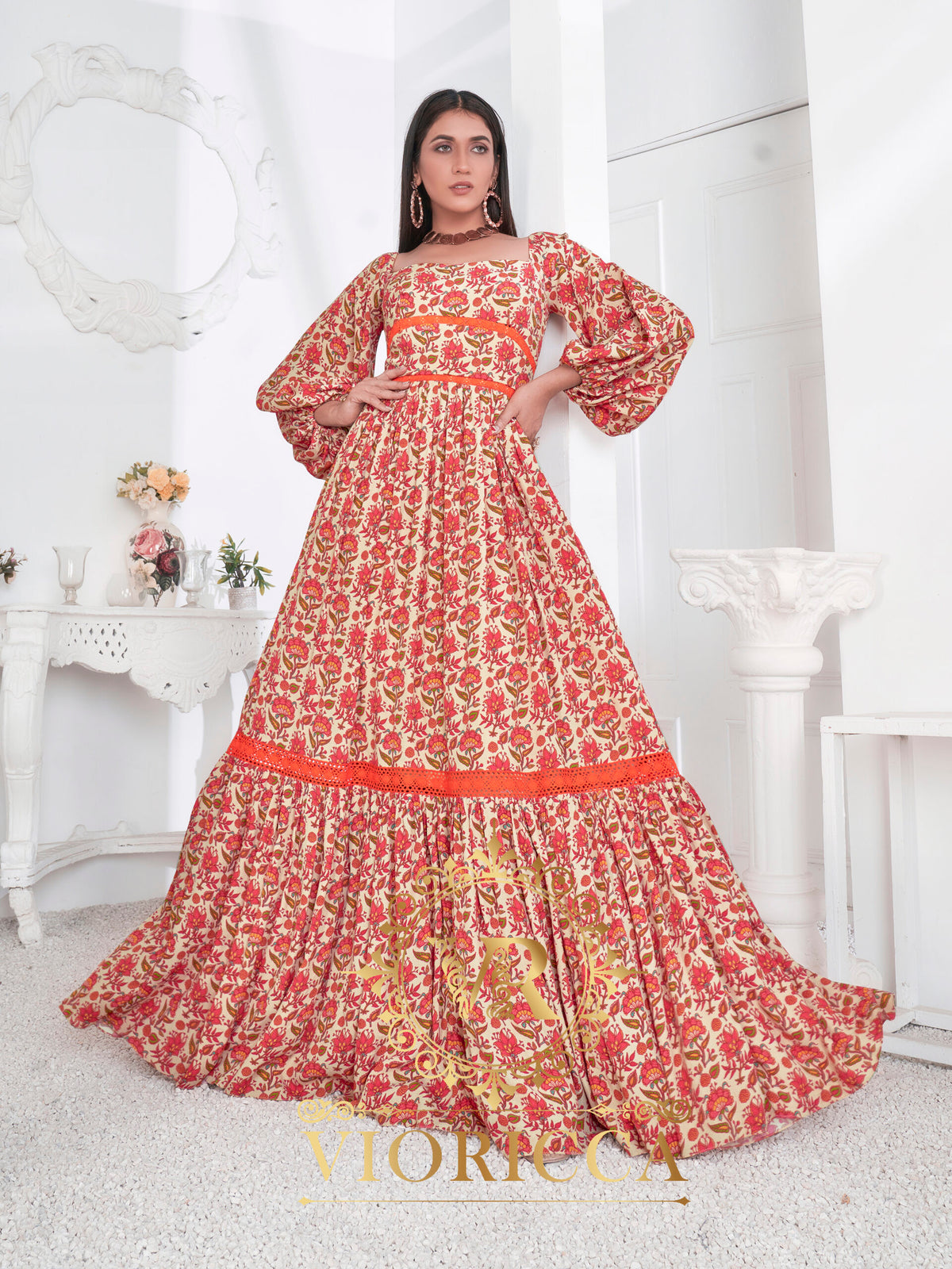Inayat – Balloon-Sleeve Floral Long Dress with Contrast Lace