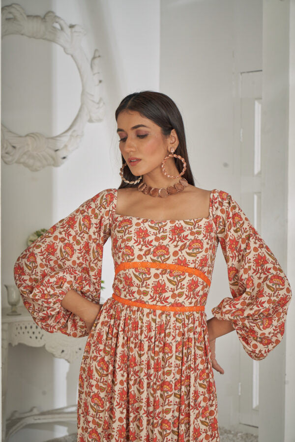 Inayat – Balloon-Sleeve Floral Long Dress with Contrast Lace