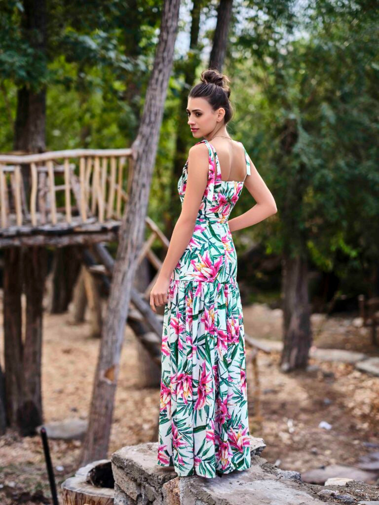 Cotton Mix Long Resortwear Dress with Tie-Up Knot