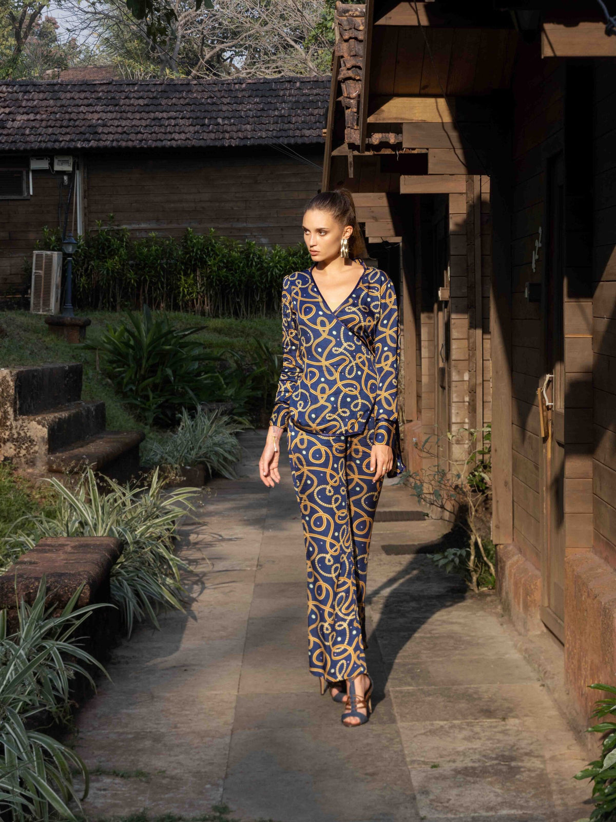 Formal Wrap Top with Belt and Straight Pant Co-ord – Chain Print