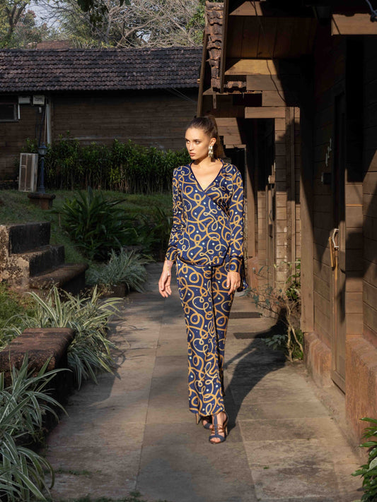 Formal Wrap Top with Belt and Straight Pant Co-ord – Chain Print