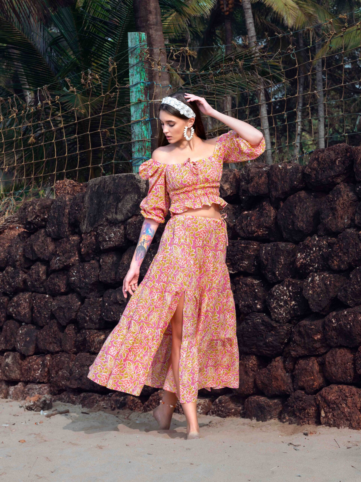 Square-Neck Crop Top and Side-Slit Long Skirt Co-ord – Cotton Floral