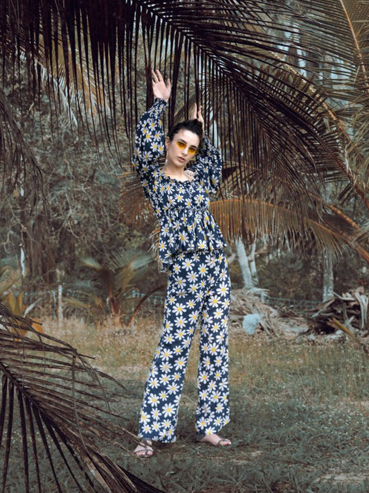 Off-Shoulder Top and Wide-Leg Trouser Resort Co-ord – Sunflower Print