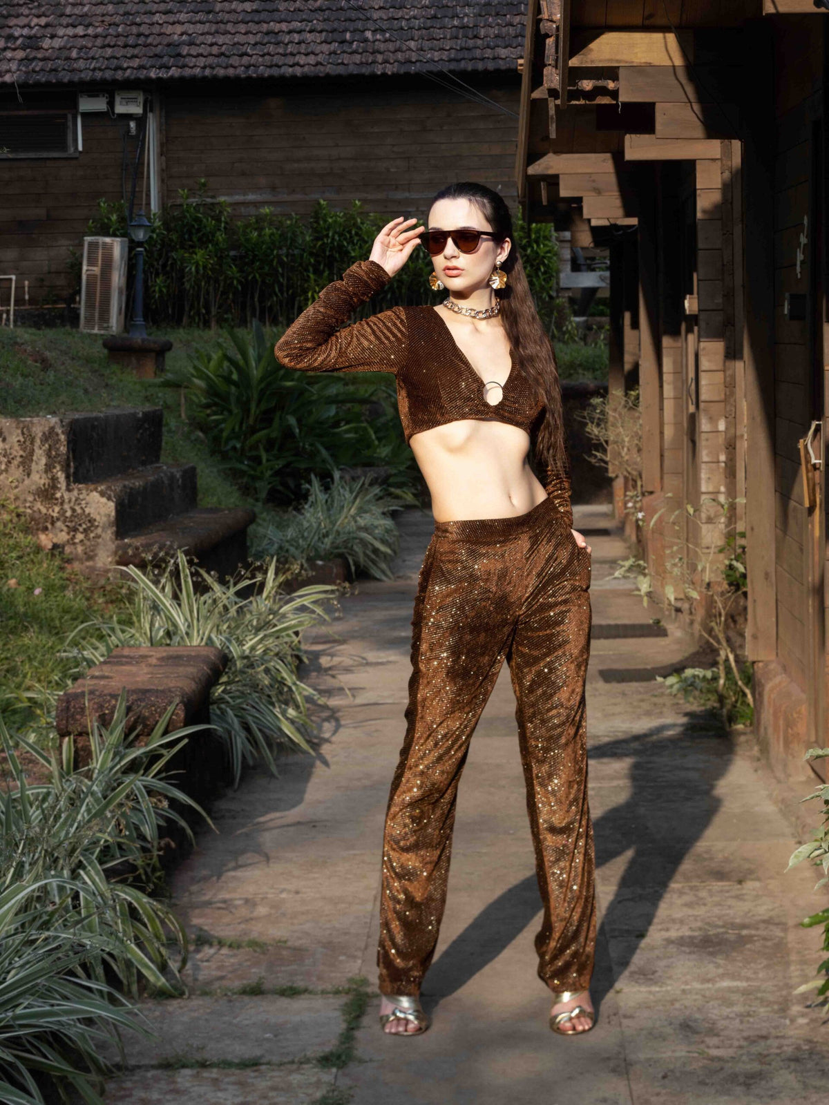 Shimmery Full-Sleeve Ring Top and Straight Pant Co-ord